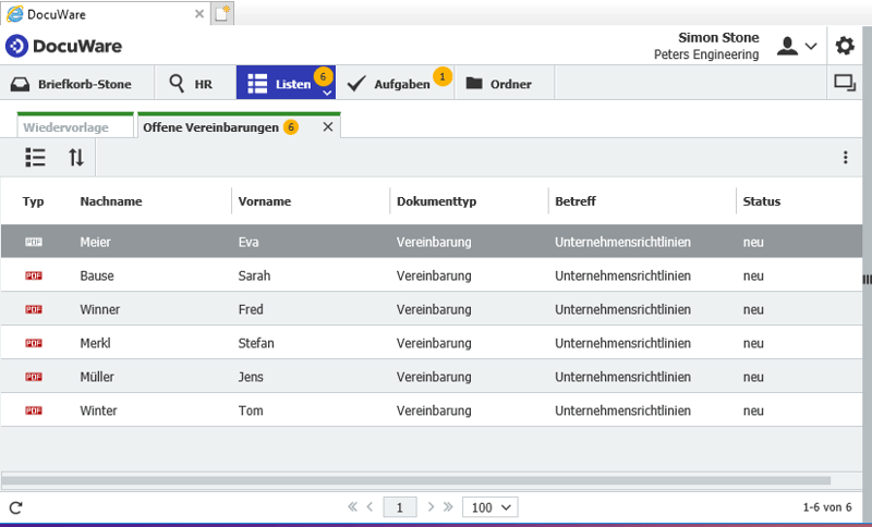 Liste mit allen Vereinbarungen, bei denen sich der Status bis jetzt nicht in „zur Kenntnis genommen“ verändert hat